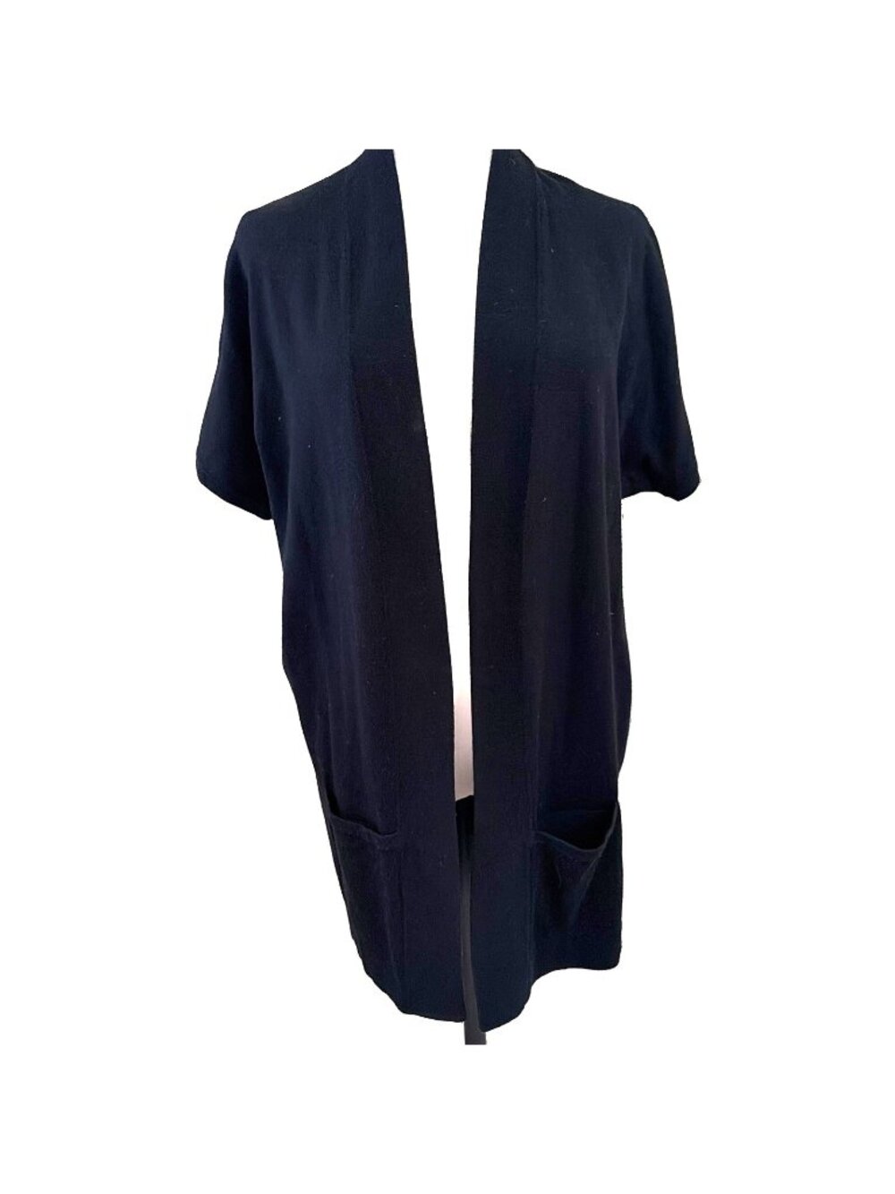 Chicos Short Sleeve Open Front Cardigan Size Small Long Line Pockets Lightweight